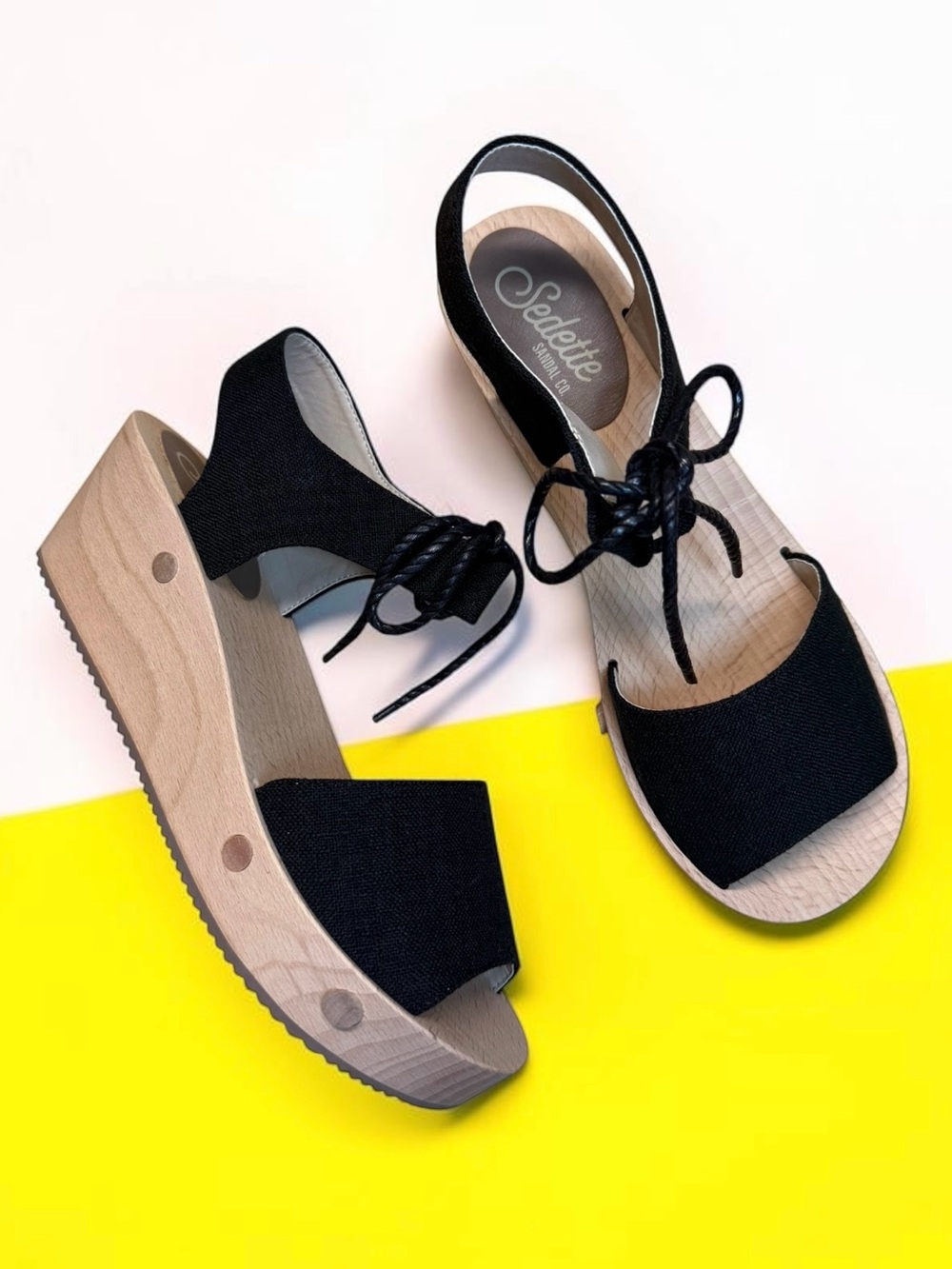 Sedette Sandals Co. Black Tie-Up Wooden Wedge Clog Platform - Women’s US Size 9